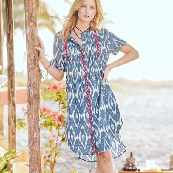 Sundance Womens Isabel Ikat Shirt Dress Embroidered Ruffle Neck Cotton Size PM - Picture 1 of 9